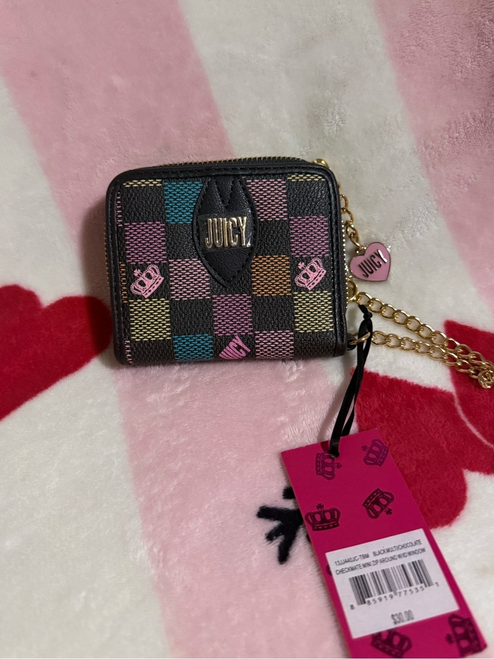 NWT Juicy Couture Multicolor Check Mini Zip Wallet with Gold Heart Charm